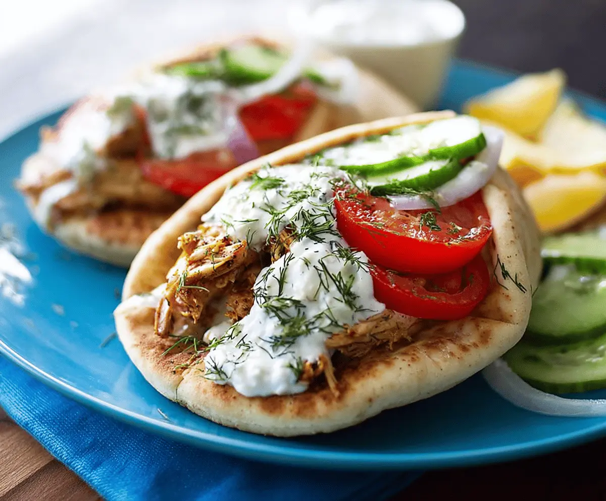Tender slow cooker chicken gyros served with pita bread, fresh vegetables, and creamy tzatziki sauce on a plate.