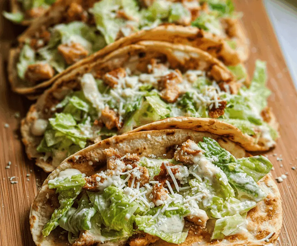 Delicious Smash Chicken Caesar Tacos topped with crispy lettuce and creamy Caesar dressing on soft tortillas, perfect for a flavorful meal.