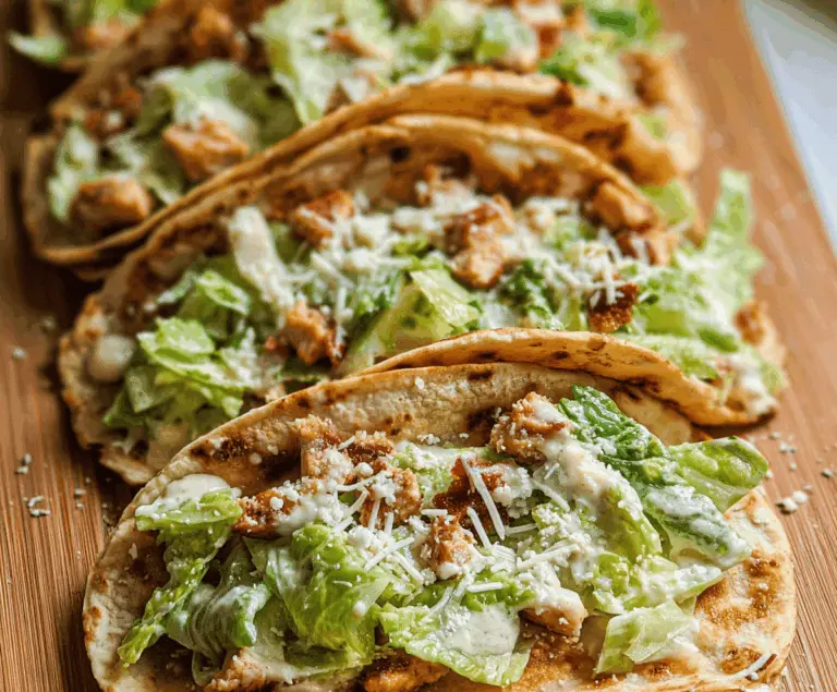 Delicious Smash Chicken Caesar Tacos topped with crispy lettuce and creamy Caesar dressing on soft tortillas, perfect for a flavorful meal.