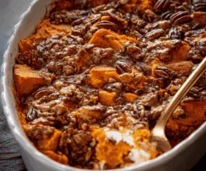Delicious Southern Maple Sweet Potato Casserole topped with marshmallows and pecans, served in a ceramic dish on a rustic wooden table.