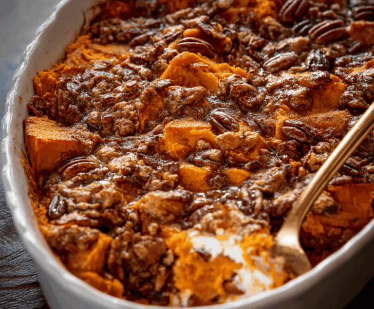 Delicious Southern Maple Sweet Potato Casserole topped with marshmallows and pecans, served in a ceramic dish on a rustic wooden table.