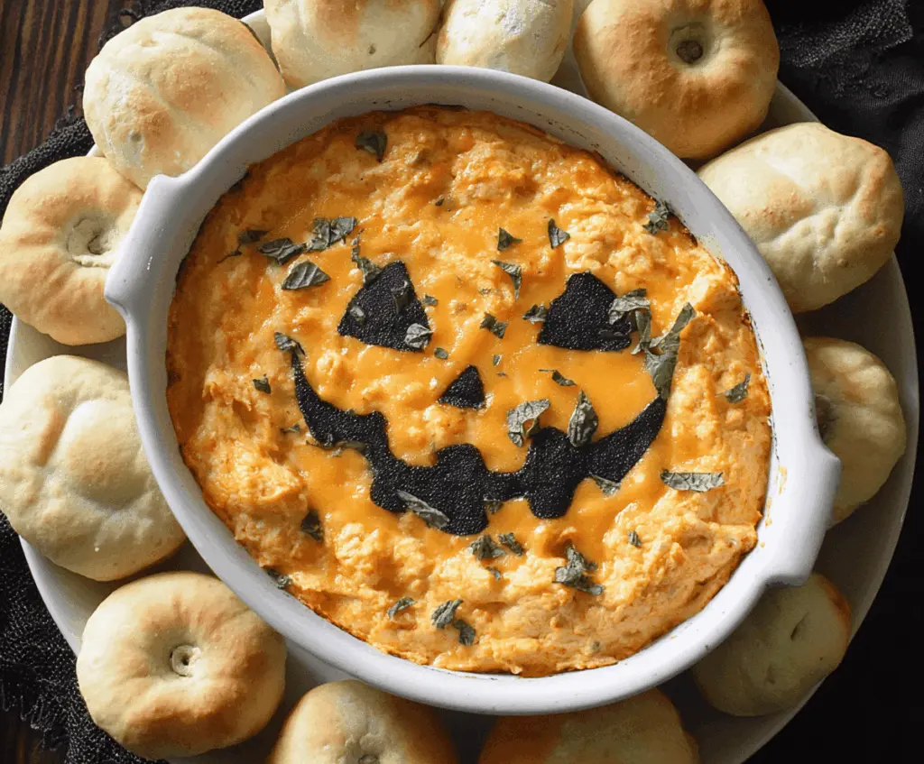 Spooky Halloween Buffalo Dip served in a festive bowl with celery sticks and tortilla chips for a Halloween party