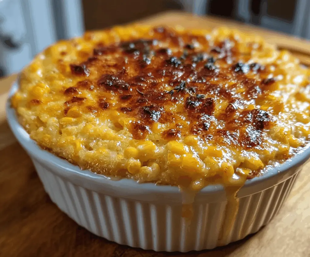 Delicious sweet honey-glazed corn casserole topped with golden crust, served in a casserole dish.