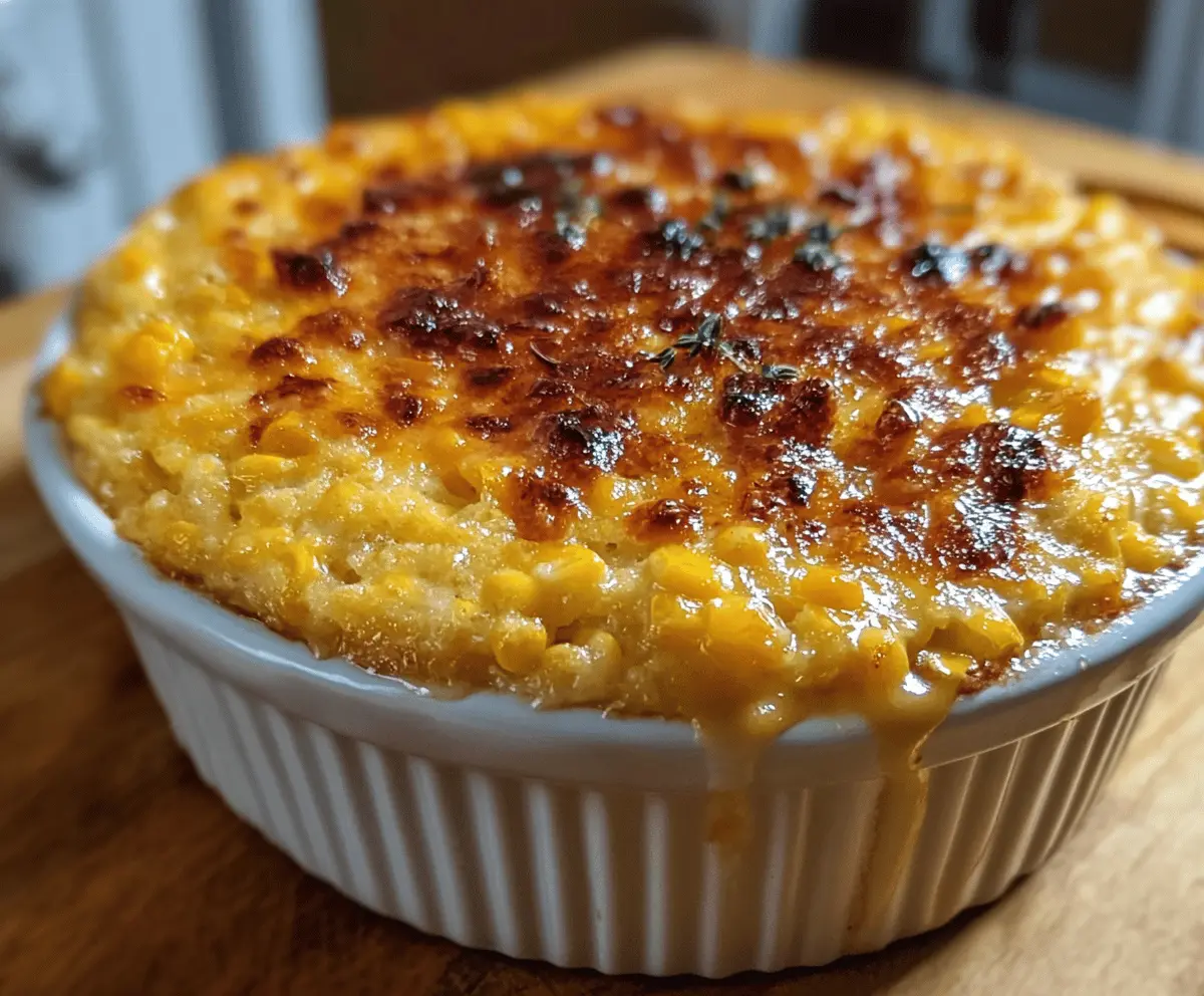 Delicious sweet honey-glazed corn casserole topped with golden crust, served in a casserole dish.