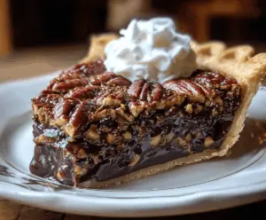 Delicious Texas Chocolate Pecan Pie with a rich chocolate and pecan topping, perfect for dessert.