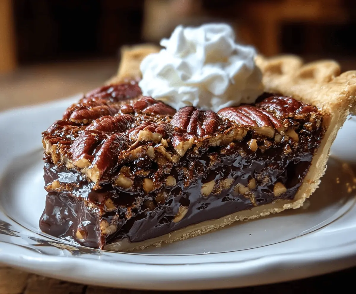 Delicious Texas Chocolate Pecan Pie with a rich chocolate and pecan topping, perfect for dessert.