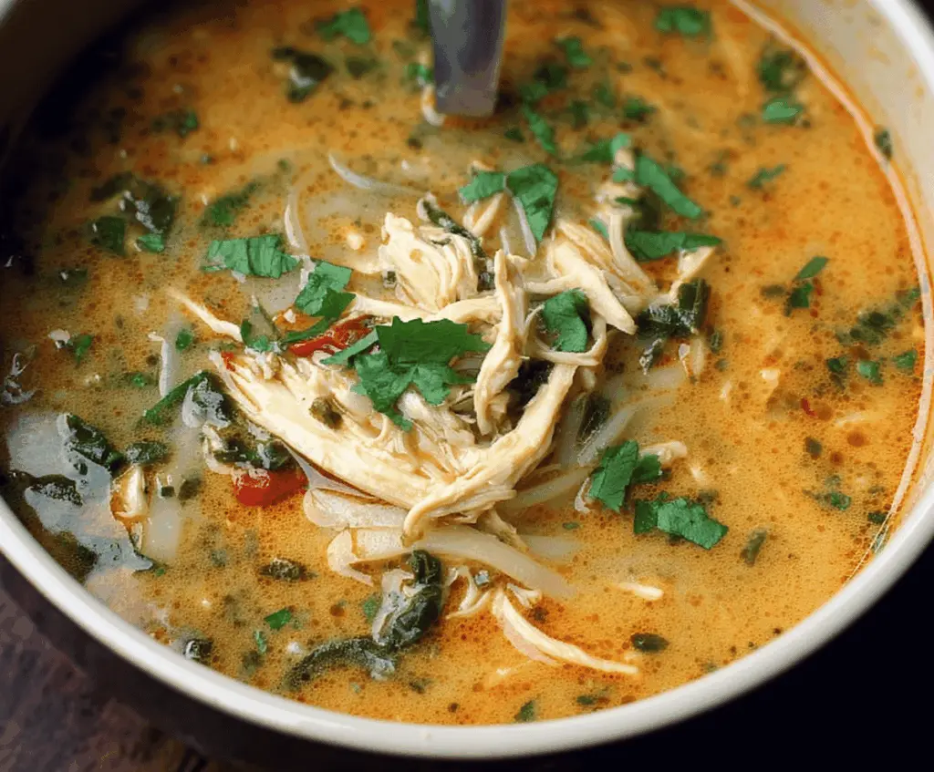 Hearty Thai Chicken Soup with fresh herbs, vegetables, and spices in a bowl, perfect for comforting and flavorful meals.