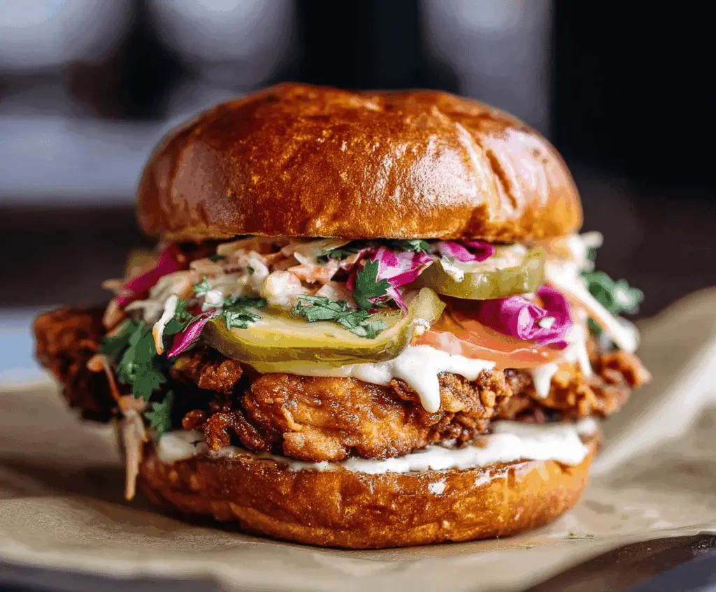 Juicy Thai fried chicken sandwich topped with fresh lettuce, sliced cucumbers, and spicy Thai sauce in a toasted bun