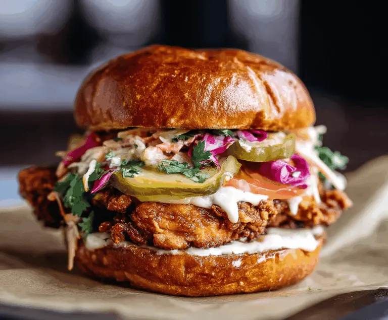 Juicy Thai fried chicken sandwich topped with fresh lettuce, sliced cucumbers, and spicy Thai sauce in a toasted bun