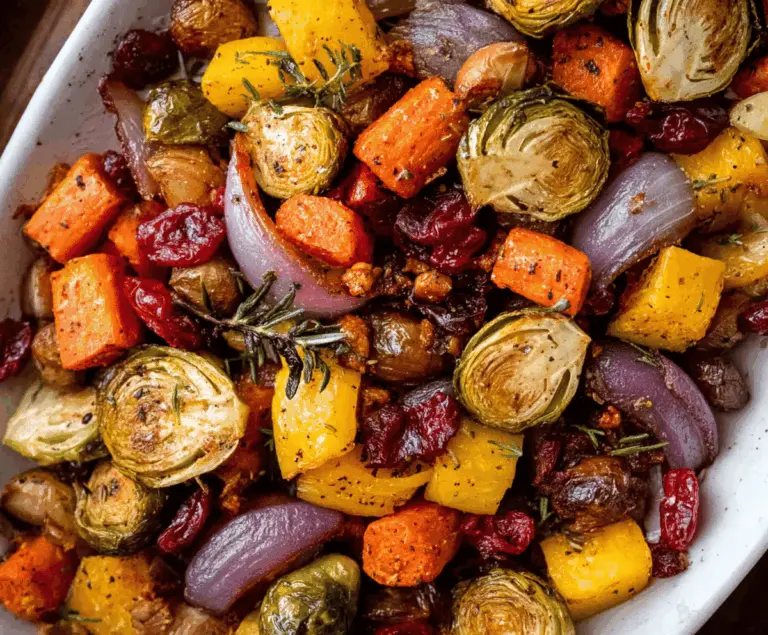 Colorful roasted vegetables perfect for Thanksgiving dinner, featuring carrots, Brussels sprouts, and sweet potatoes.