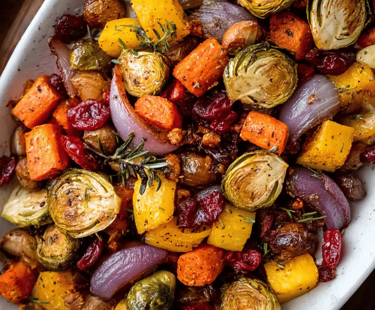 Colorful roasted vegetables perfect for Thanksgiving dinner, featuring carrots, Brussels sprouts, and sweet potatoes.