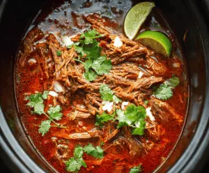 Delicious Mexican Birria cooked in a crockpot, featuring tender shredded beef in rich, flavorful red sauce with garnishes of cilantro, onions, and lime wedges