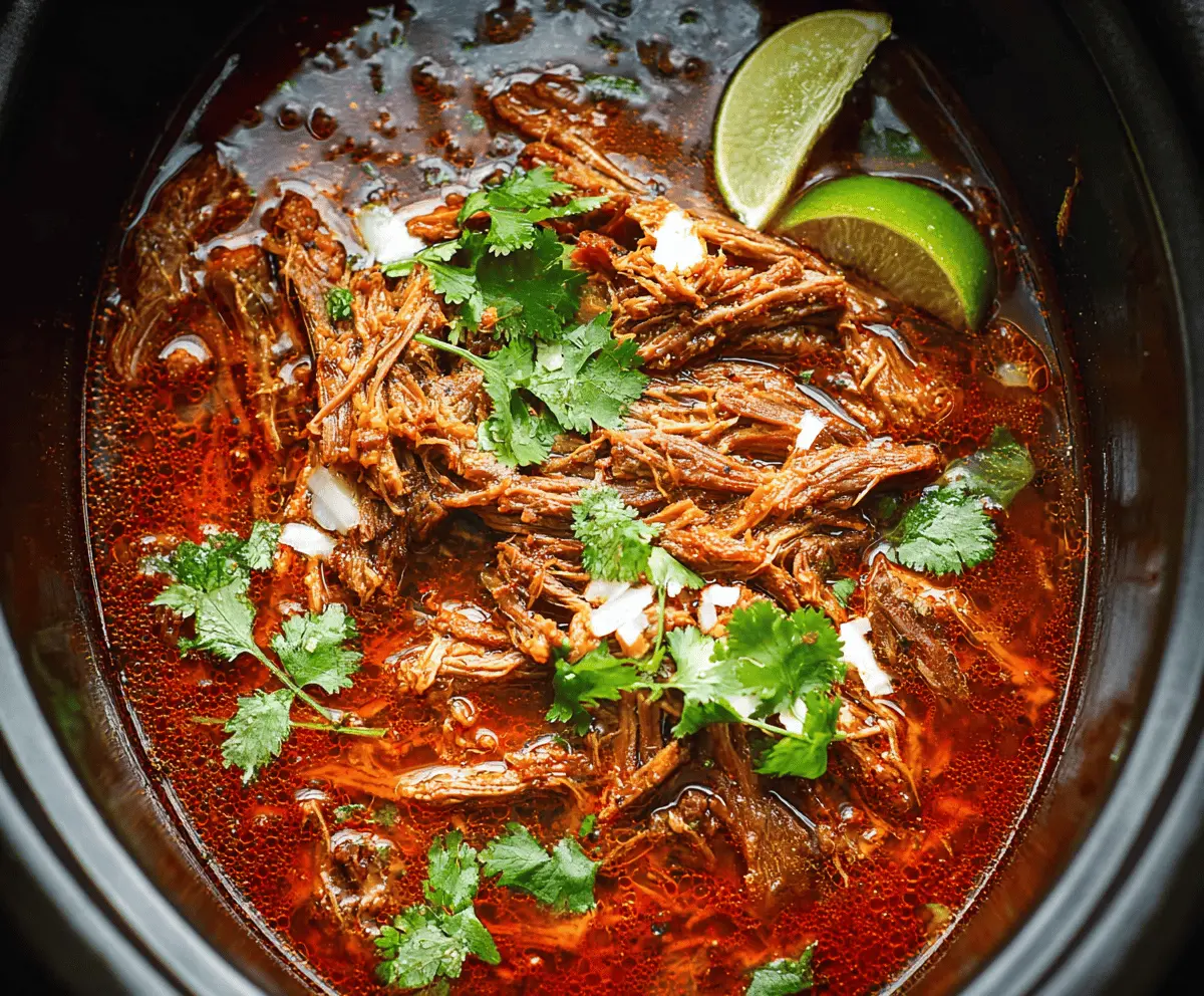 Delicious Mexican Birria cooked in a crockpot, featuring tender shredded beef in rich, flavorful red sauce with garnishes of cilantro, onions, and lime wedges