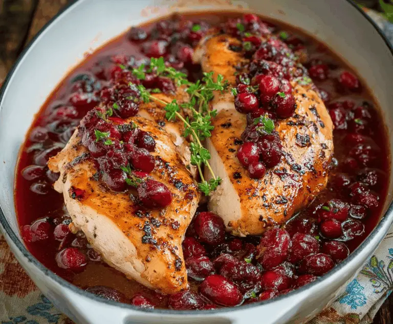 Juicy turkey breast topped with vibrant cranberry orange sauce served on a plate, perfect for a festive meal.