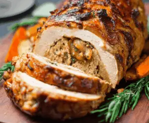 Delicious vegan turkey roast served on a platter, perfect for holiday dinners and plant-based holidays.