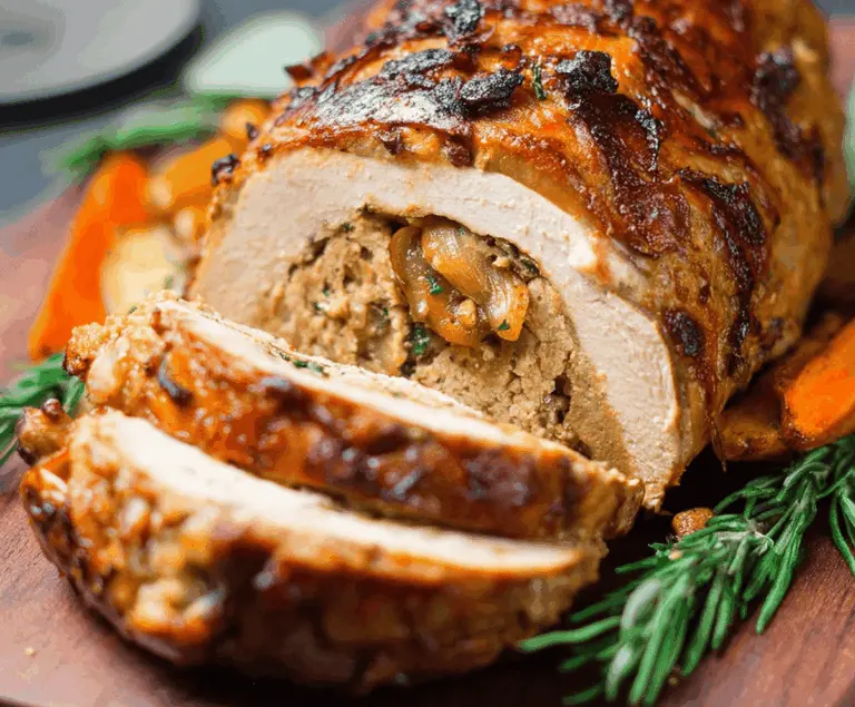 Delicious vegan turkey roast served on a platter, perfect for holiday dinners and plant-based holidays.