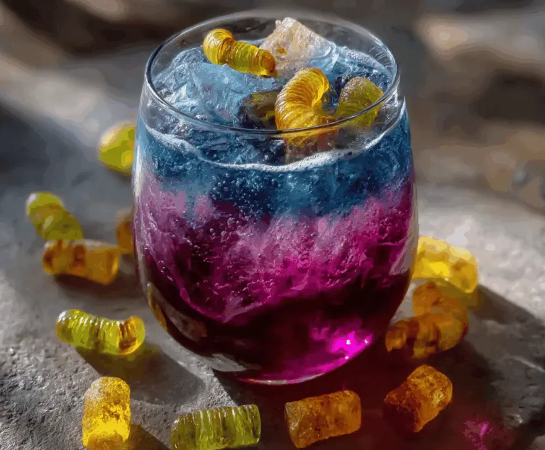 Colorful Witch’s Potion Punch served in a cauldron with floating dry ice, vibrant fruit garnishes, and spooky themed decorations for Halloween party display.