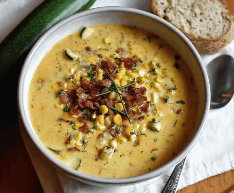 Creamy zucchini and corn chowder garnished with fresh herbs in a bowl, perfect for a comforting summer soup