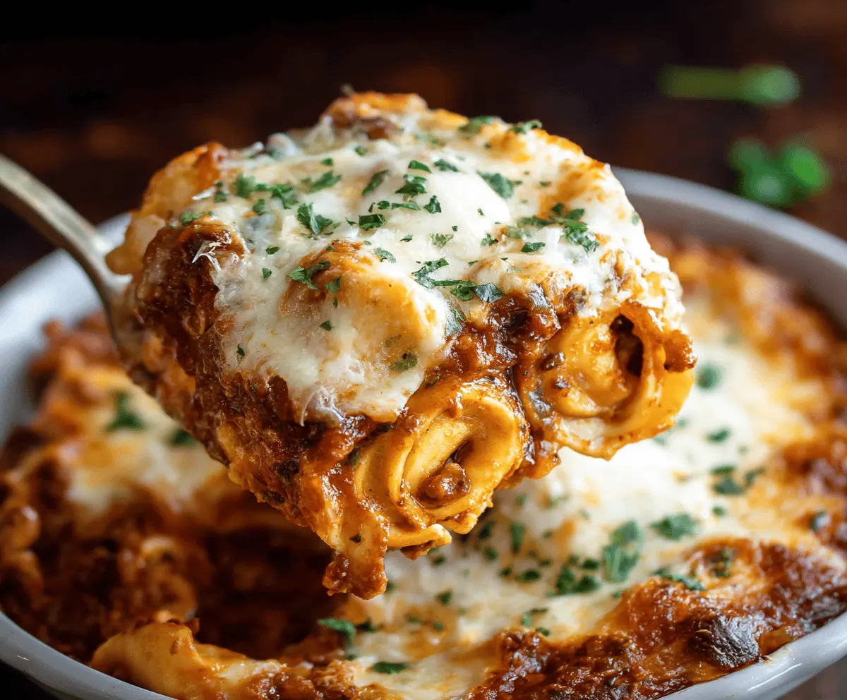 Delicious baked tortellini lasagna with melted cheese and herbs on a plate.