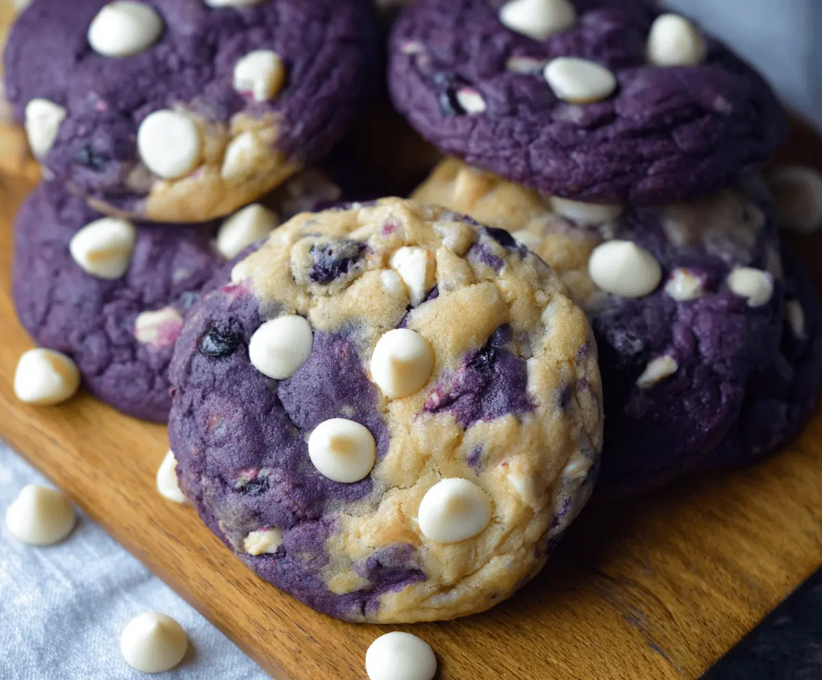 Bakery-style blueberry white chocolate chip cookies fresh out of the oven, showcasing golden-brown edges and gooey blueberries and white chocolate chips.