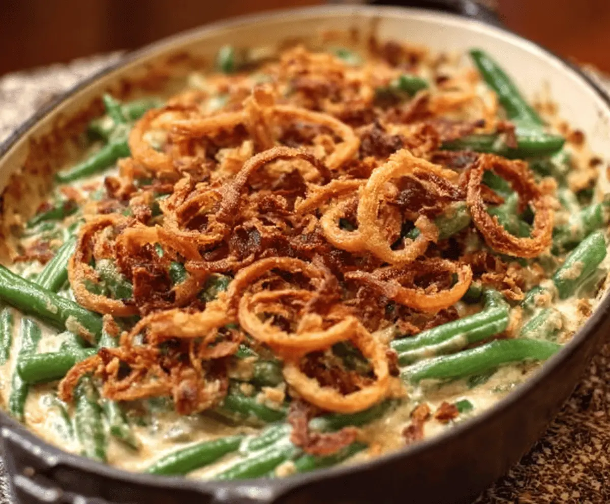 Delicious Barefoot Contessa Green Bean Casserole in a baking dish, garnished with crispy onions, perfect for holiday dinners.