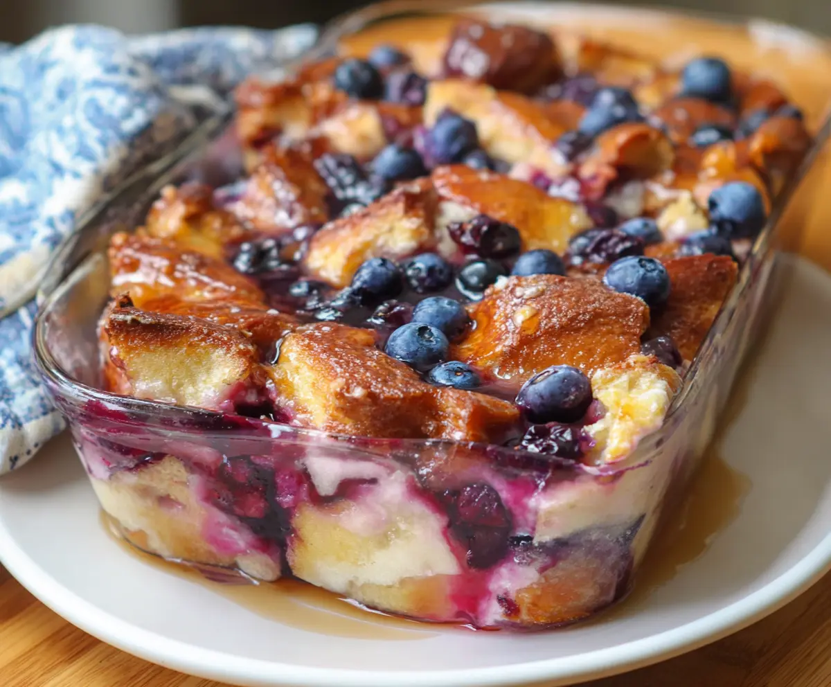 Delicious blueberry French toast casserole topped with fresh blueberries and powdered sugar in a baking dish.