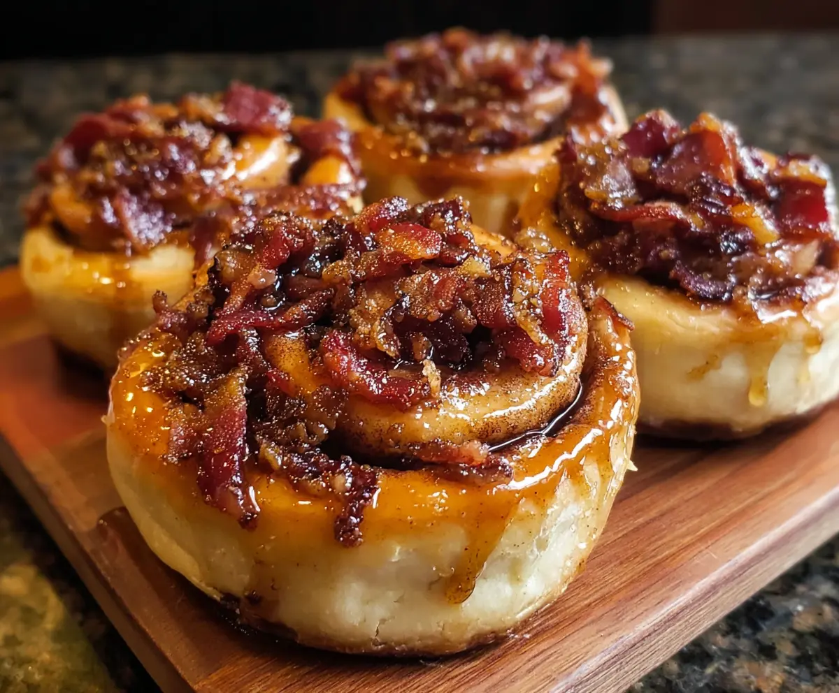 Delicious Bourbon Maple Bacon Cinnamon Rolls topped with glaze, perfect for breakfast or brunch.