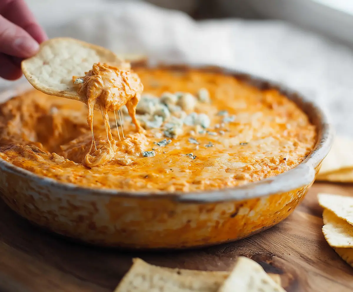 Delicious Buffalo Chicken Dip served in a bowl, featuring shredded chicken, spicy buffalo sauce, and melted cheese, perfect for parties.
