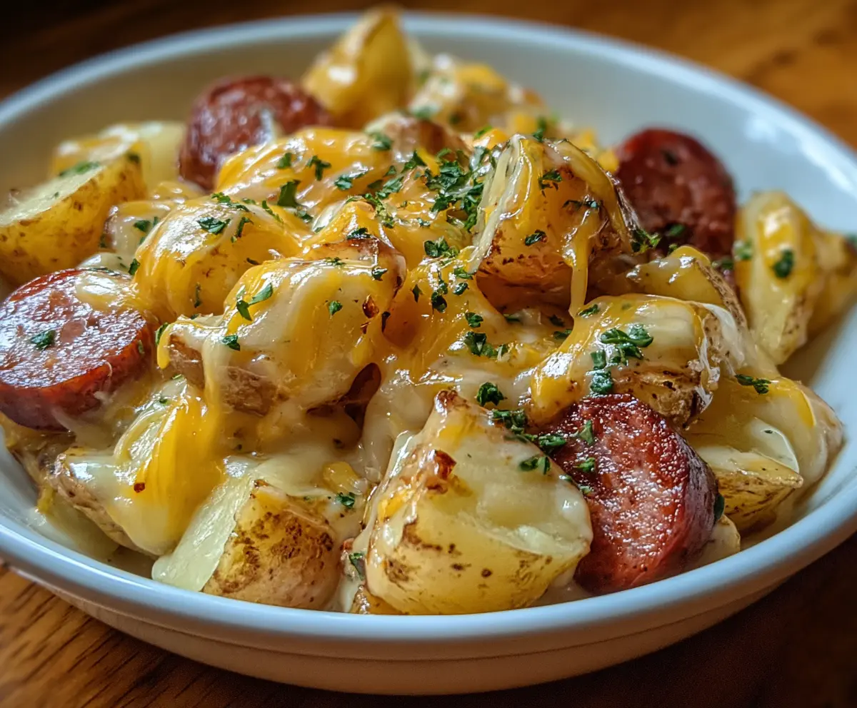 Delicious cheesy ranch potatoes with smoked sausage served on a plate.