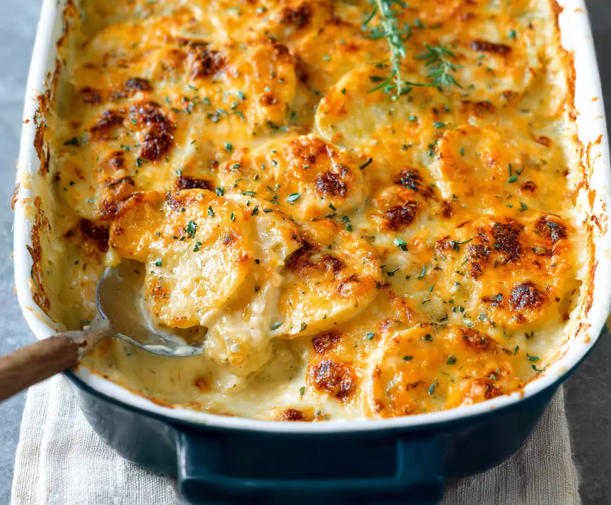 Delicious cheesy scalloped potatoes baked to perfection with bubbling cheese and golden top.