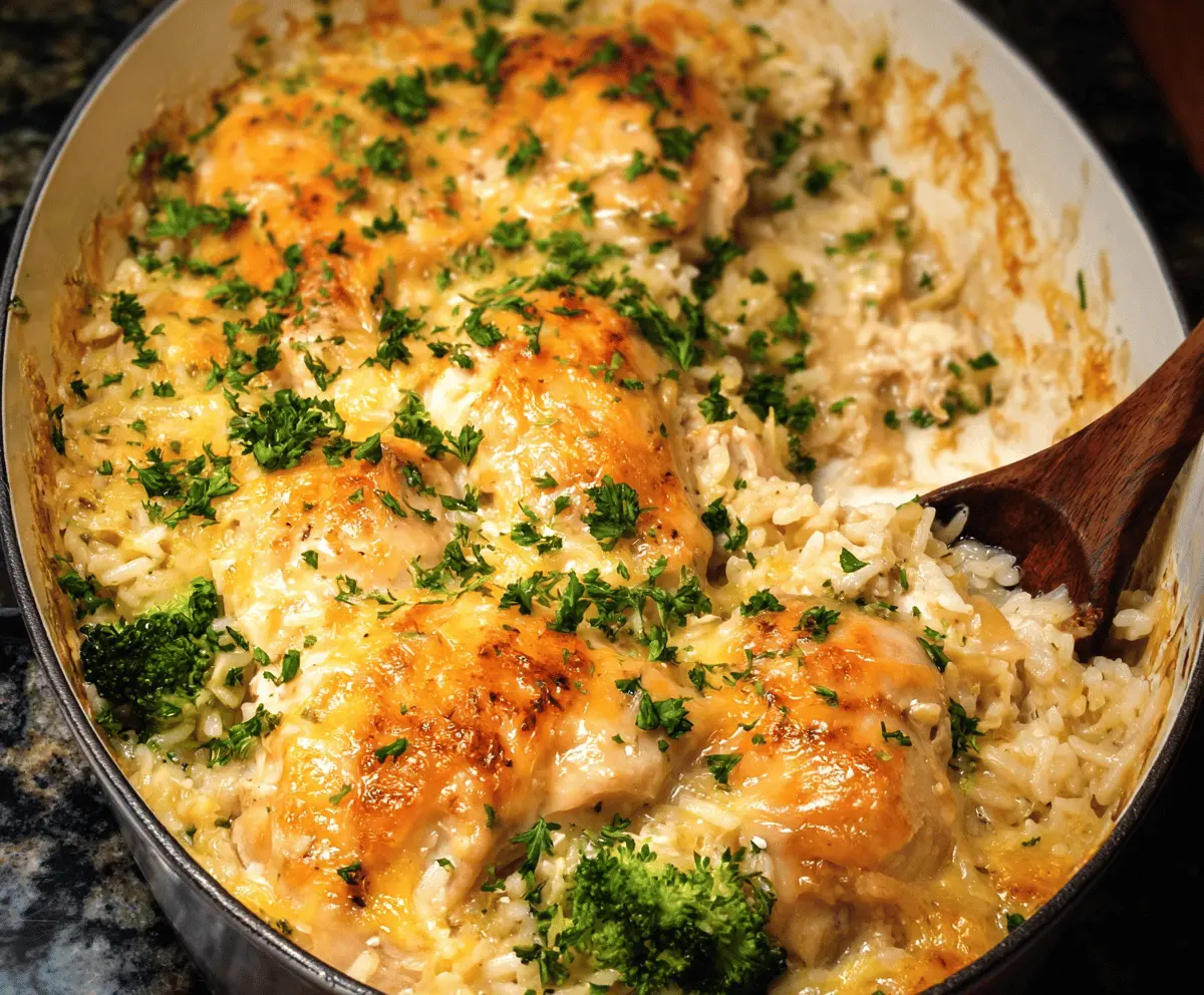 Delicious chicken and rice bake served hot, showcasing a flavorful cheesy casserole dish.