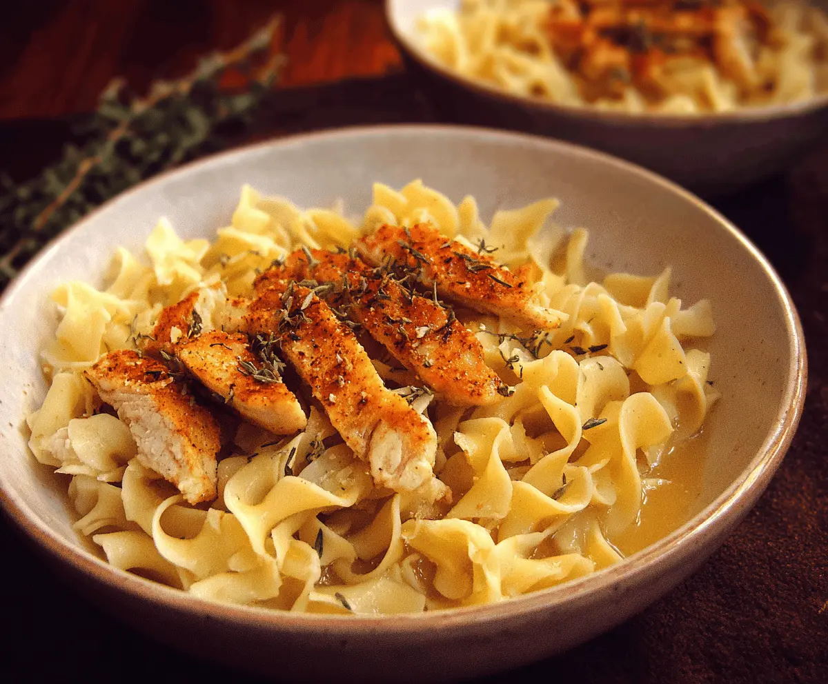Delicious Chicken Buttered Noodles served on a plate with herbs for a hearty meal