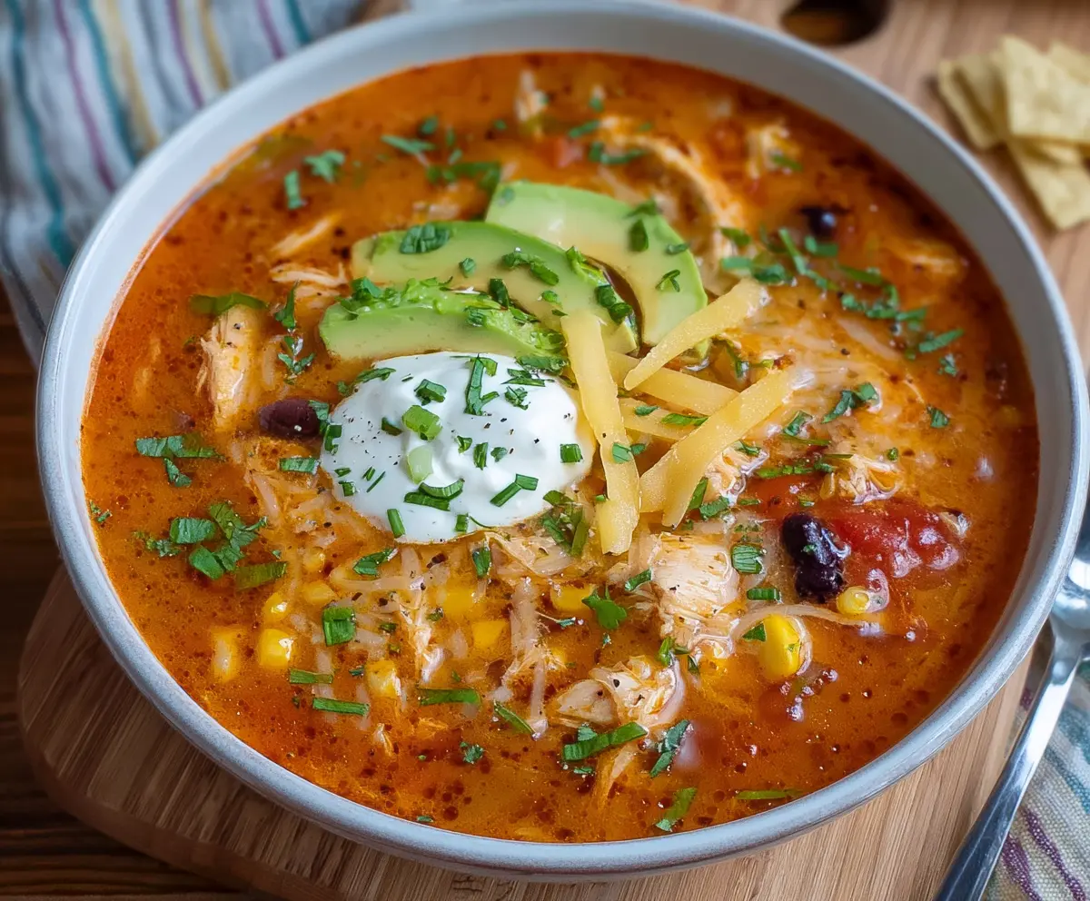 Delicious homemade chicken enchilada soup in a bowl, garnished with fresh cilantro and melted cheese.