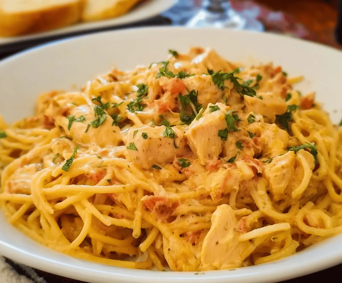 Delicious homemade chicken spaghetti served on a white plate with fresh herbs.
