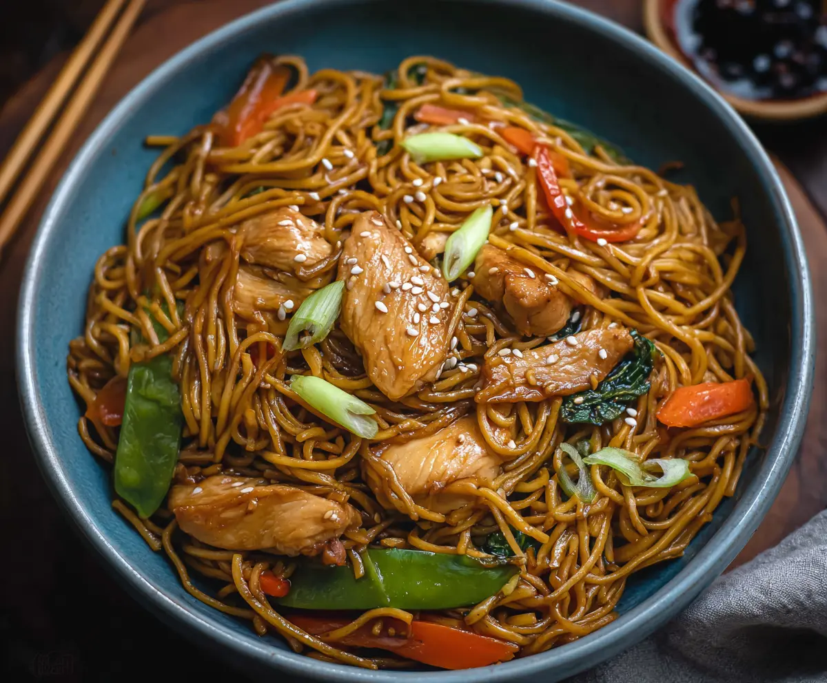Delicious Chicken Teriyaki Noodles with tender chicken slices and flavorful sauce served in a bowl.
