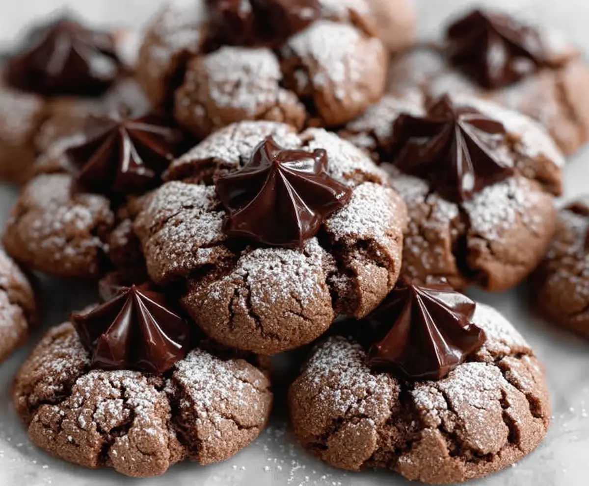 Delicious Chocolate Blossom Cookies with a gooey chocolate center and powdered sugar topping on a white plate.