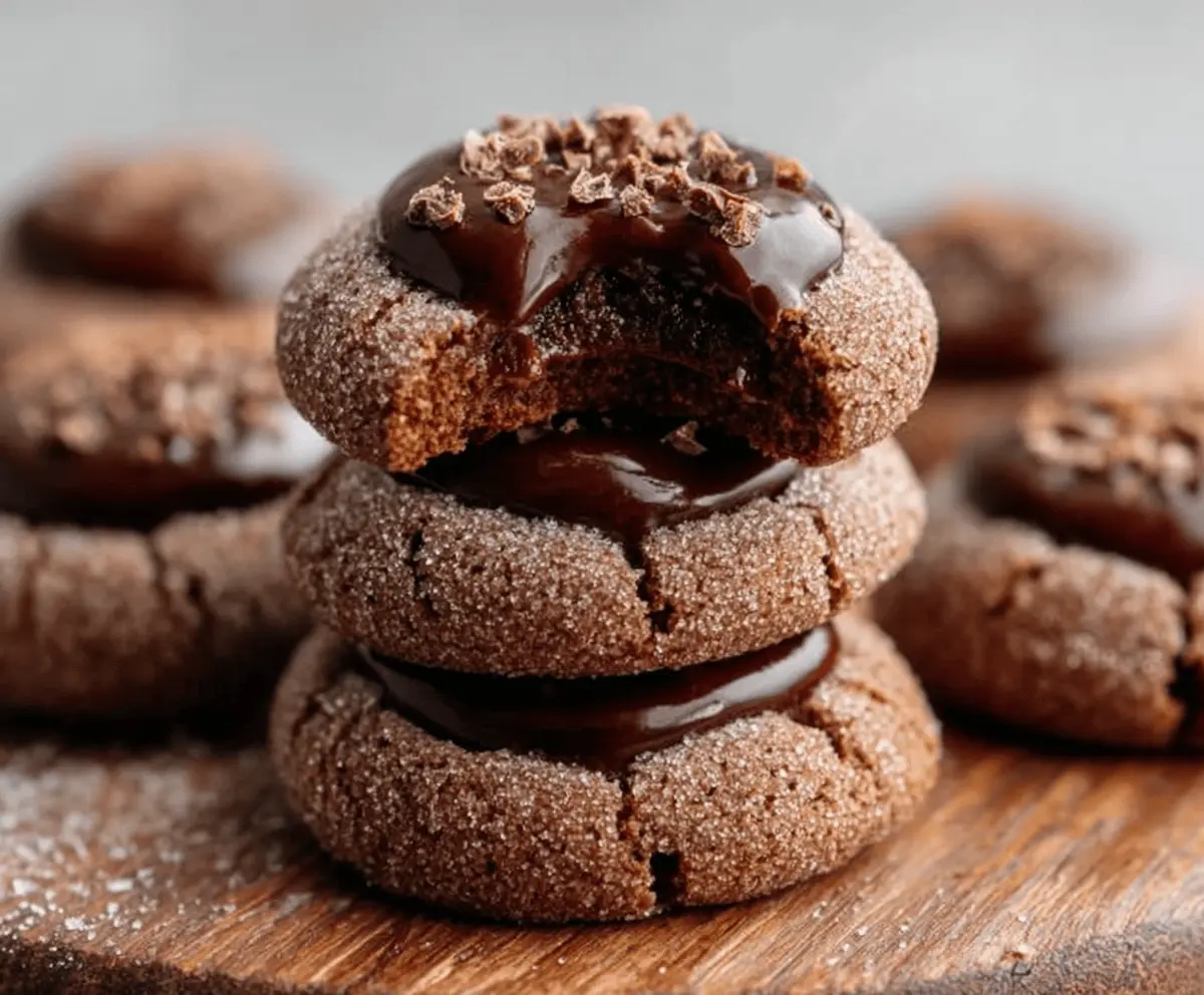 Delicious chocolate thumbprint cookies with a glossy chocolate filling on a white plate