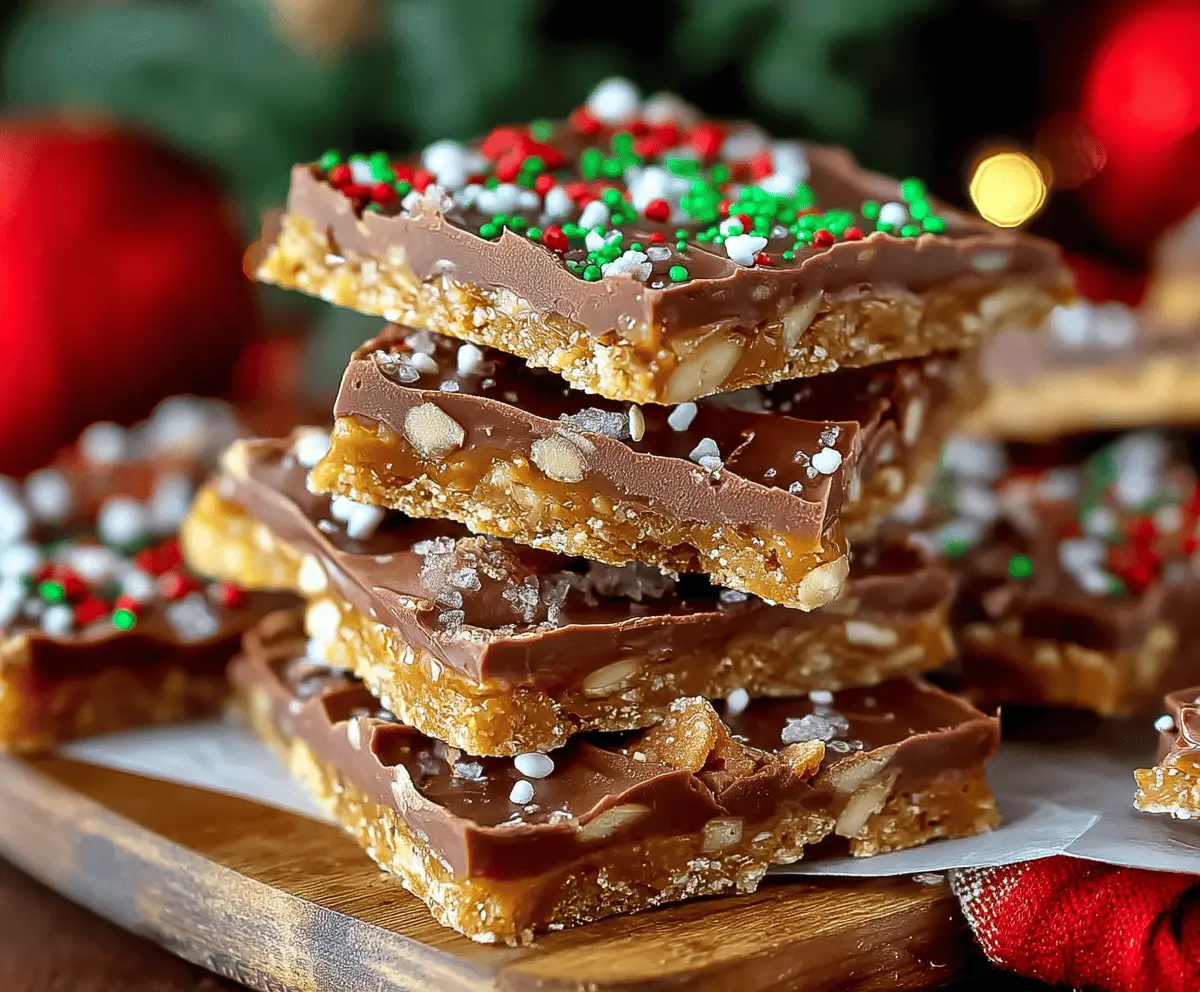 Delicious homemade Christmas Crack candy with chocolate and toffee layers on a festive plate