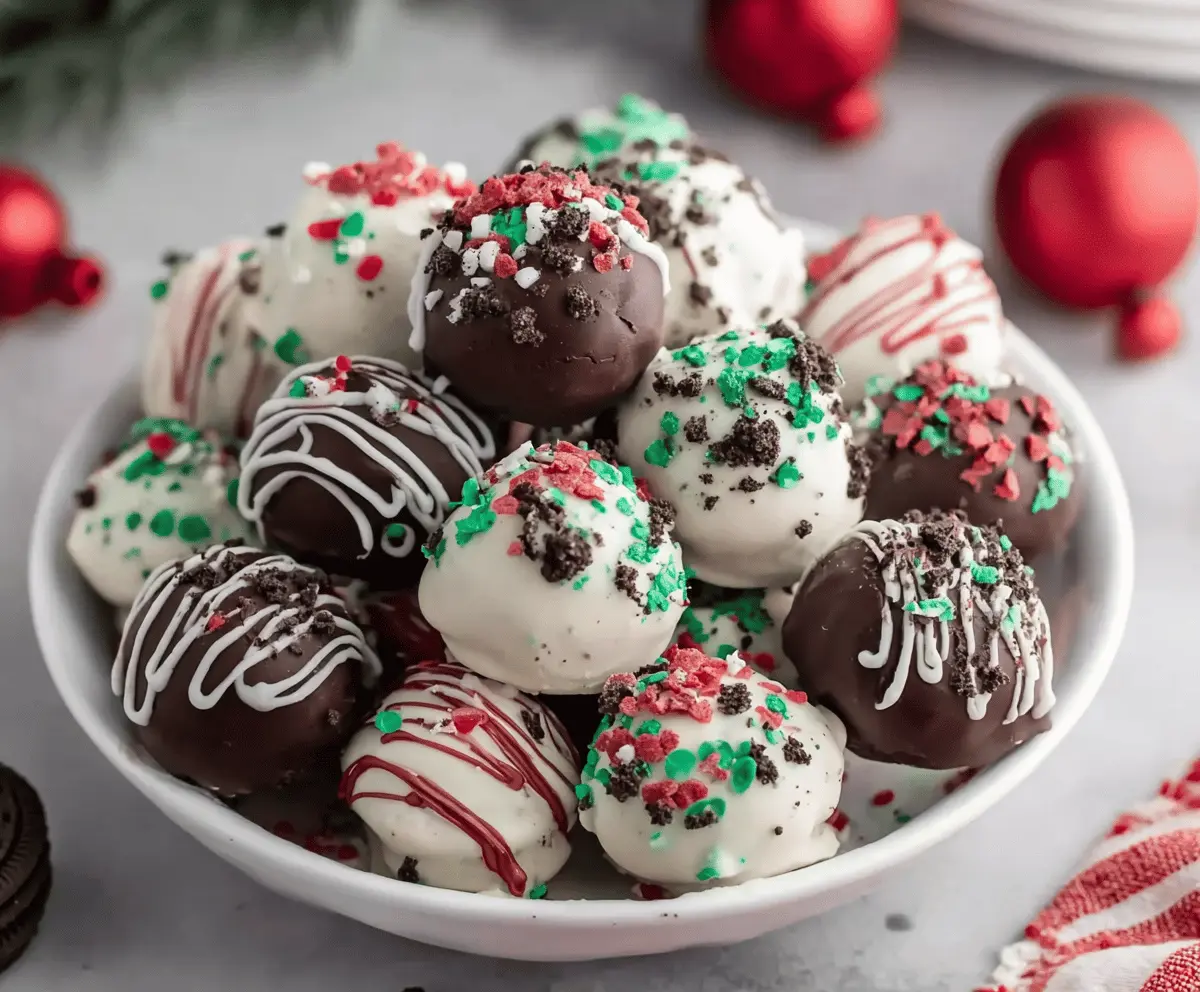 Delicious Christmas-themed Oreo Balls ready for holiday celebrations.