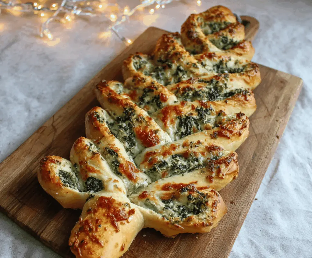 Festive Christmas Tree Spinach Dip Breadsticks arranged for holiday snacking