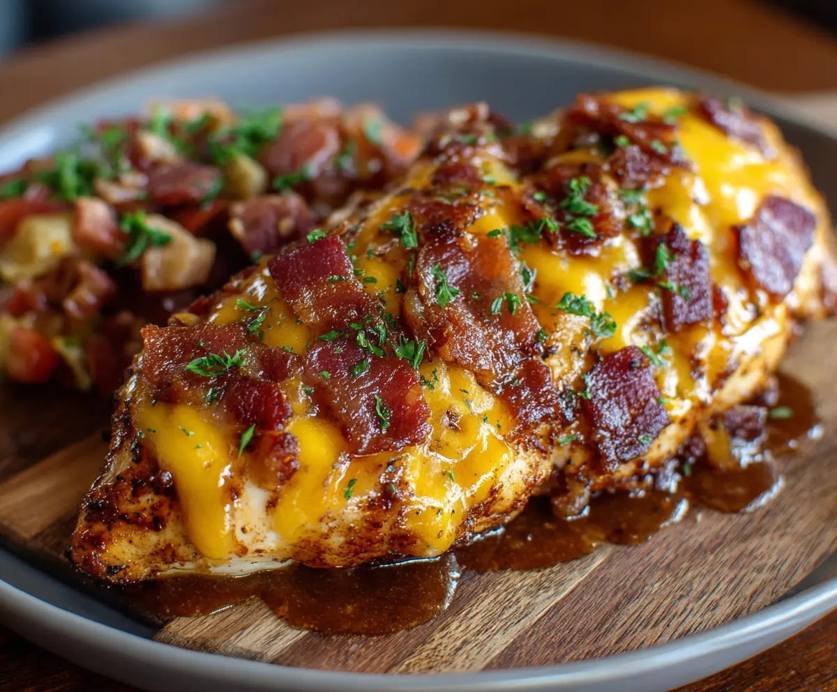 Juicy Cowboy BBQ Bacon Cheddar Chicken topped with crispy bacon and melted cheddar cheese on a rustic plate.
