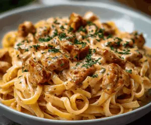 Creamy cowboy butter chicken linguine served with fresh herbs and vegetables.