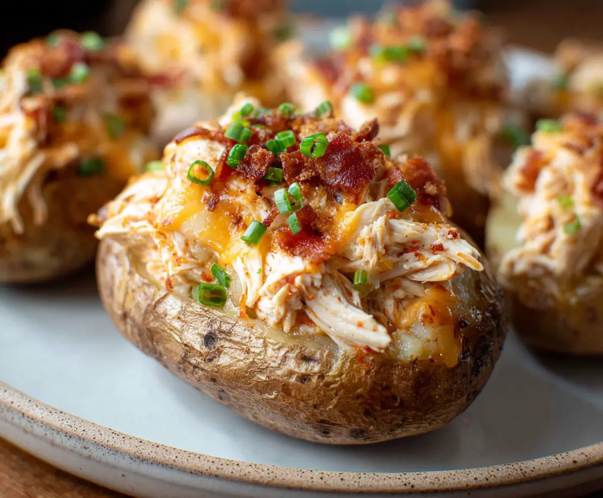 Crack Chicken Stuffed Potatoes topped with cheese and bacon, a savory baked potato dish.