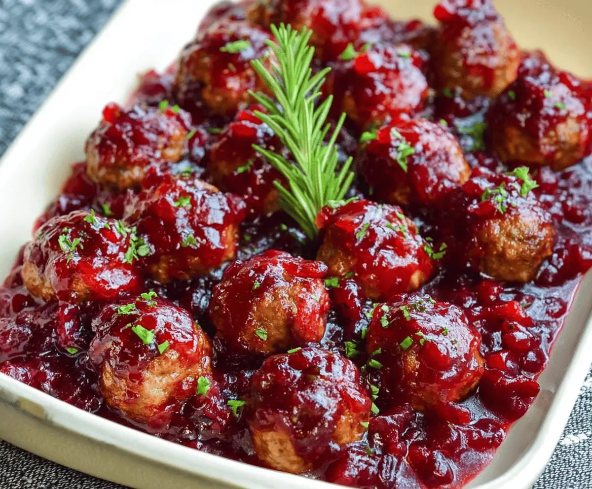 Delicious cranberry sauce glazed meatballs served on a festive platter for holiday dinner.