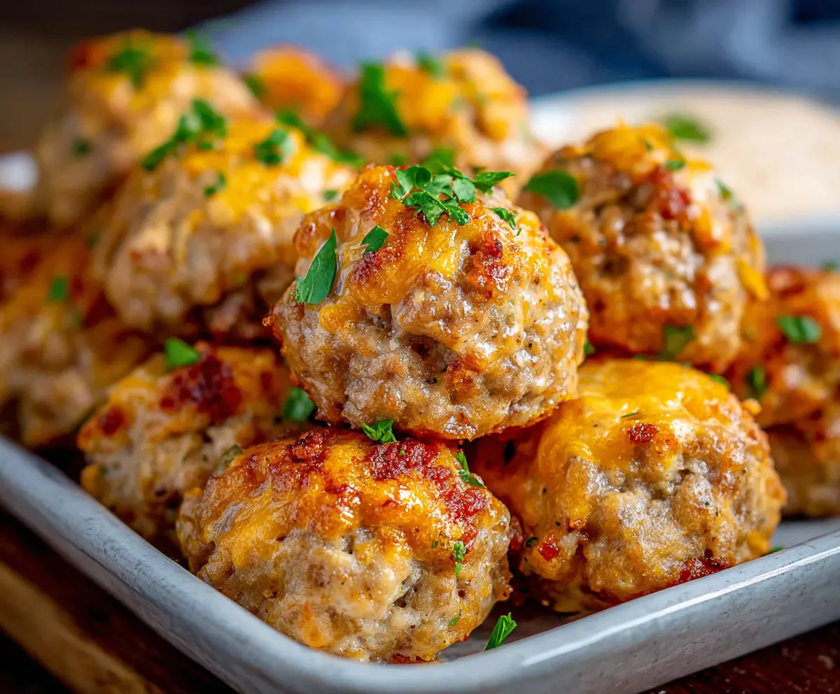 Delicious cream cheese sausage balls on a platter, perfect for appetizers and parties.