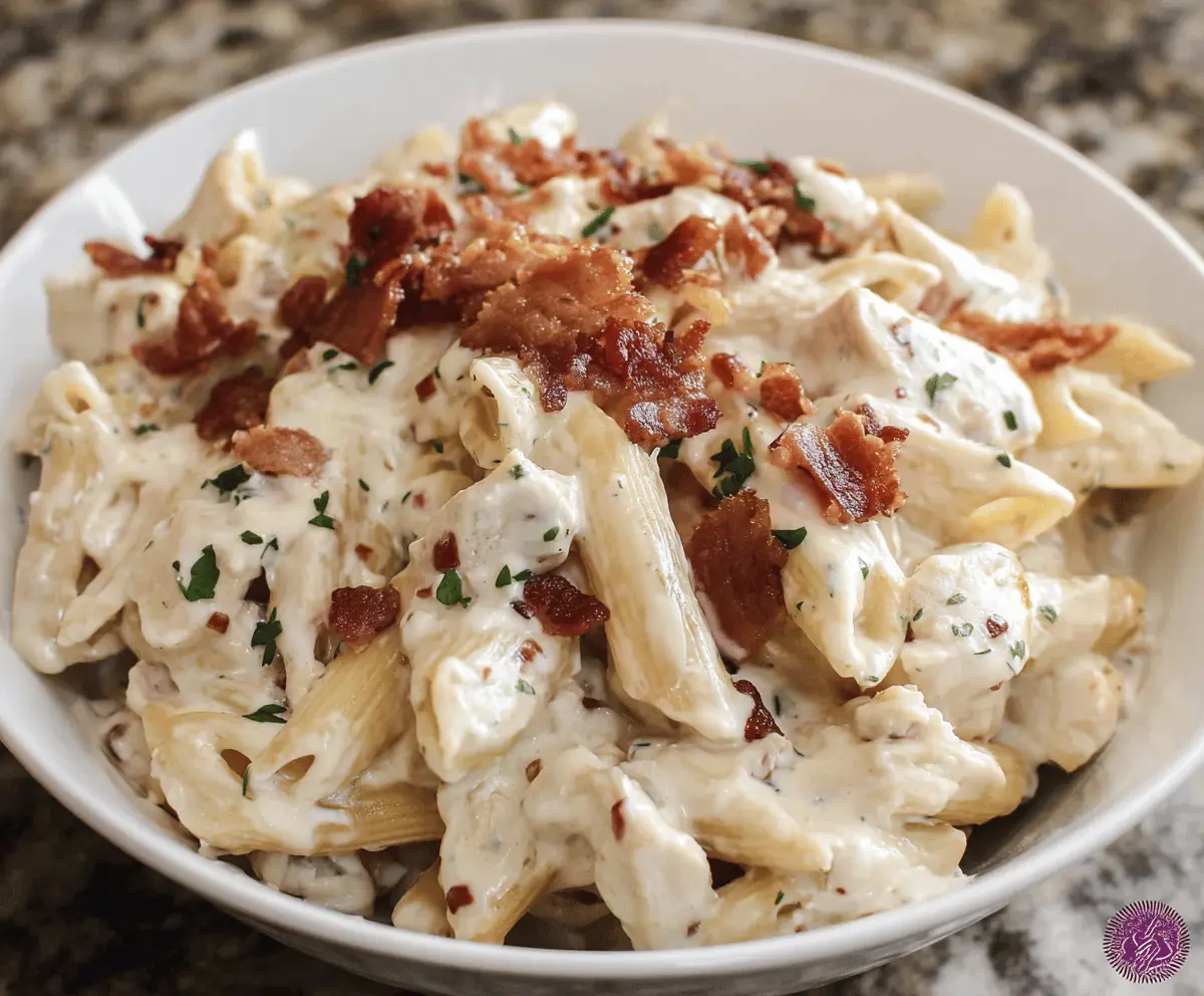 Delicious creamy chicken bacon ranch pasta served in a white bowl, garnished with fresh herbs.