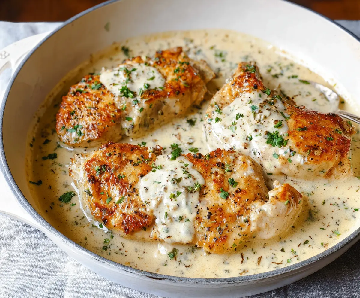 Delicious creamy garlic parmesan chicken served on a plate, garnished with herbs, perfect for a savory dinner.