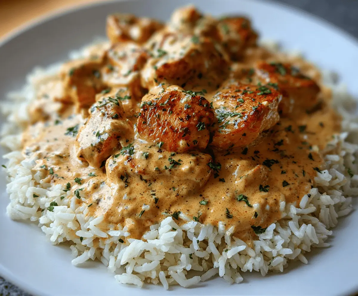 Delicious creamy smothered chicken served over fluffy rice, perfect for a comforting meal.