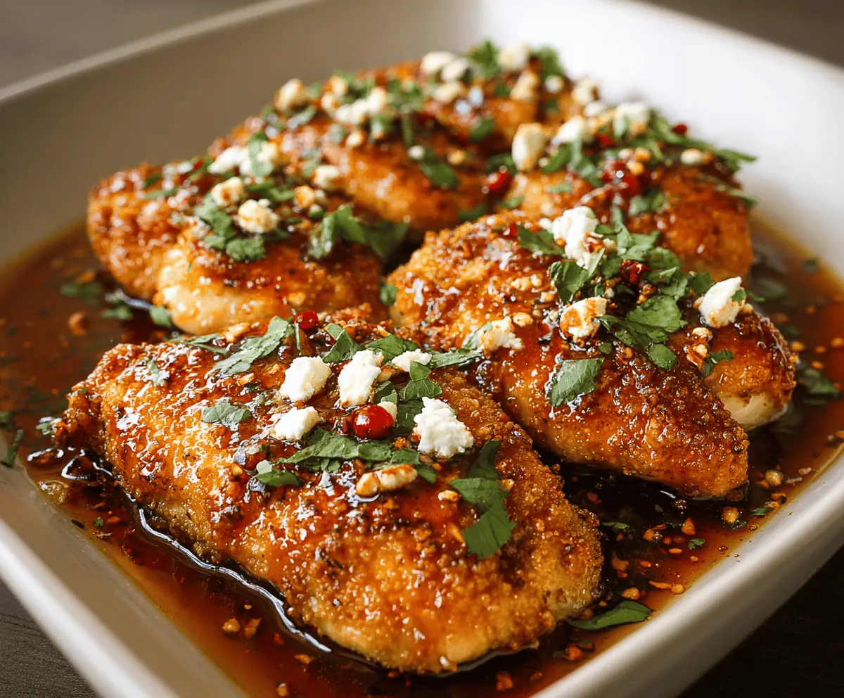 Crispy Hot Honey Feta Chicken served on a plate with garnishes, showcasing a golden-brown, crispy exterior and drizzled with spicy honey.