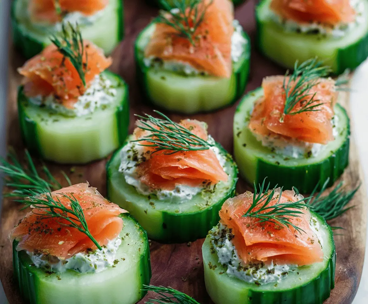 Delicious cucumber smoked salmon bites garnished with fresh herbs, perfect for appetizers or parties.